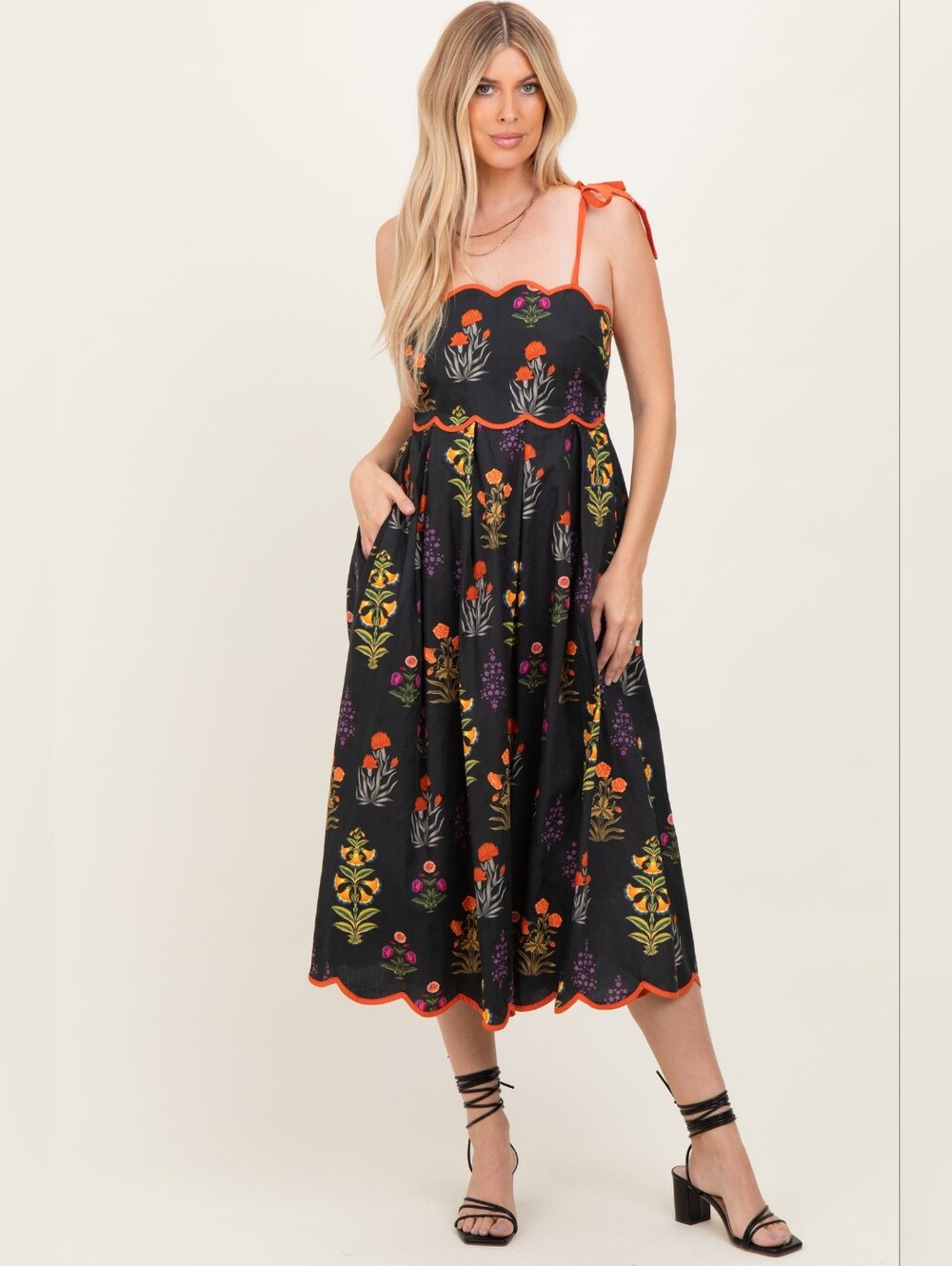NWT Black Floral Scallop Edge Shoulder Tie Midi Dress Size S